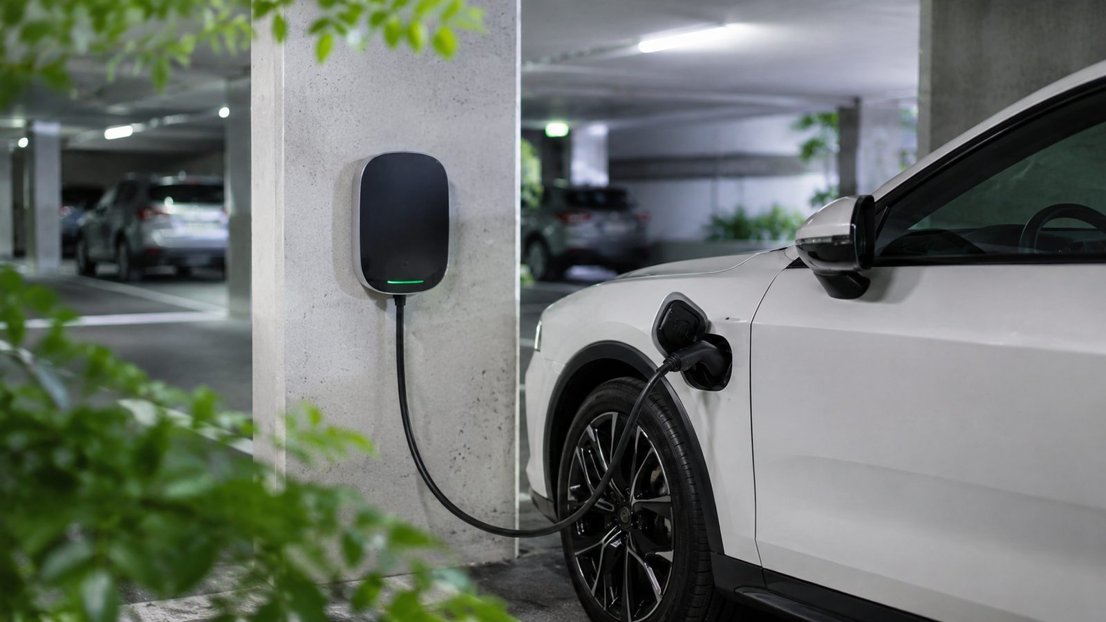 Nabíjanie elektromobilu v bytovom dome – WallBox na stĺpe v podzemnej garáži a nabíjajúci sa elektromobil