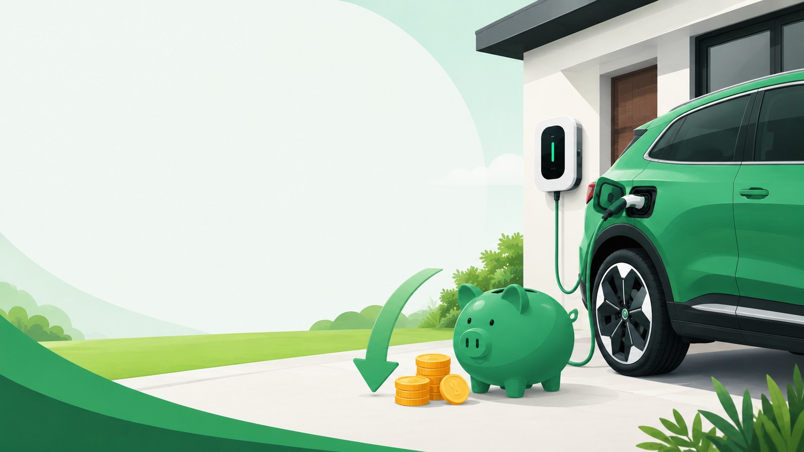 Koľko stojí nabíjanie elektromobilu – elektromobil pri WallBoxe, prasiatko a mince ako symbol úspory