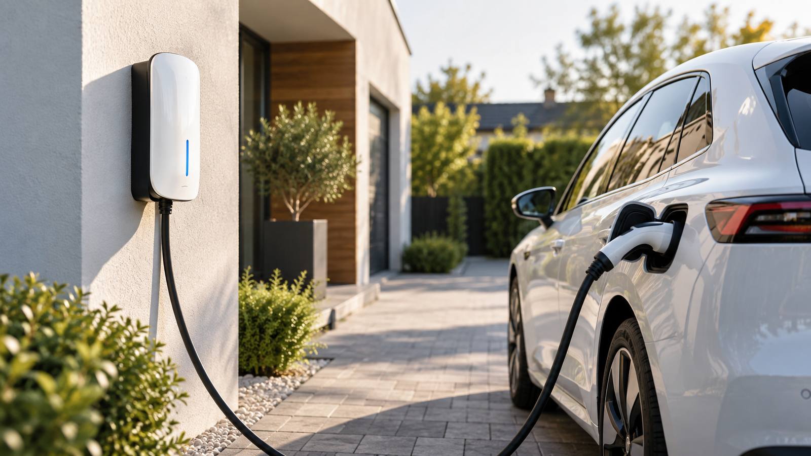 Biely wallbox na stene domu a nabíjajúci sa elektromobil
