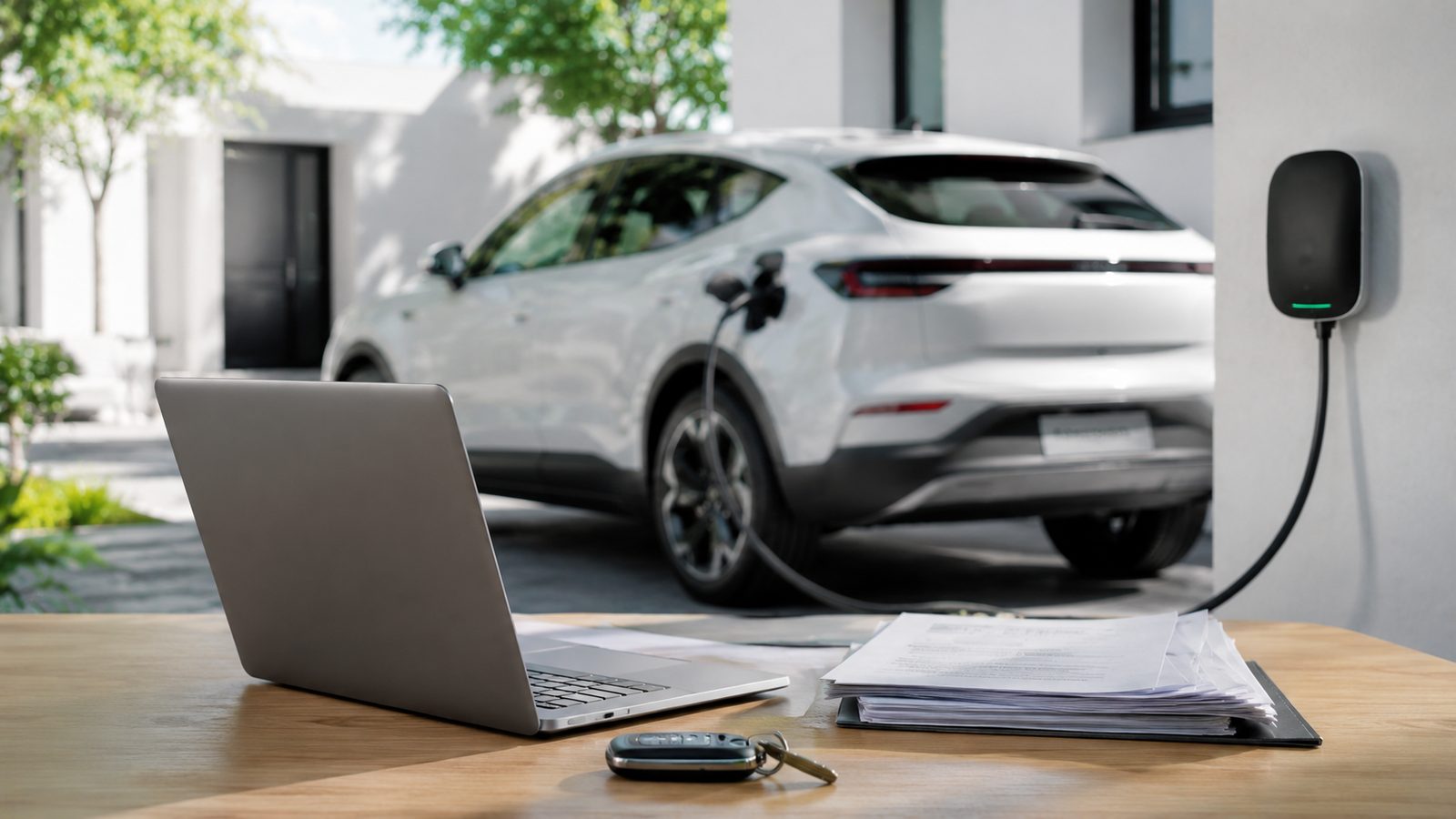 Prihlásenie dovezeného elektromobilu – laptop, doklady a kľúče na stole, v pozadí elektromobil nabíjajúci sa cez WallBox pri dome