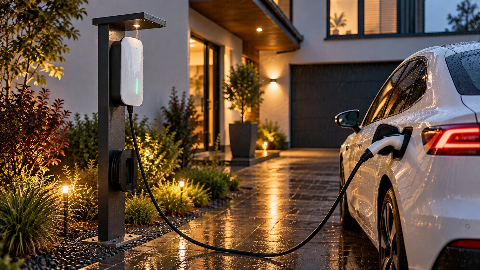 Wallbox na stojane so strieškou pri dome nabíja elektromobil v daždi
